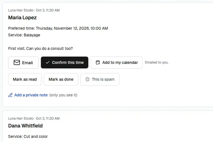 The inbox in the builder: a booking request with Confirm this time and Add to my calendar