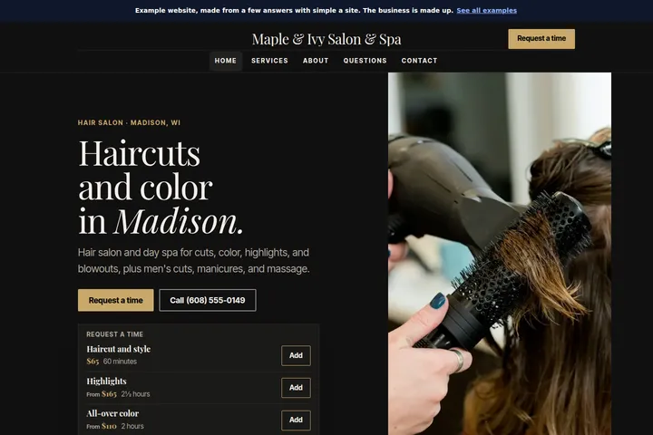 A finished example website: a made-up salon's homepage with its own photo and a Request a time button