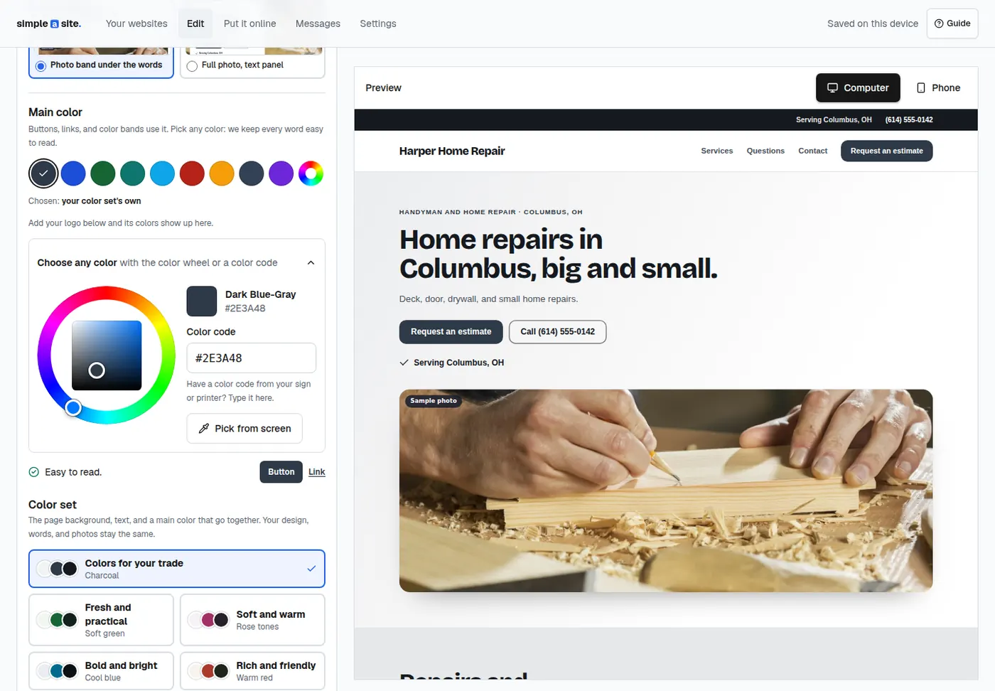 The editor's color wheel and color code next to a live preview of a home repair website