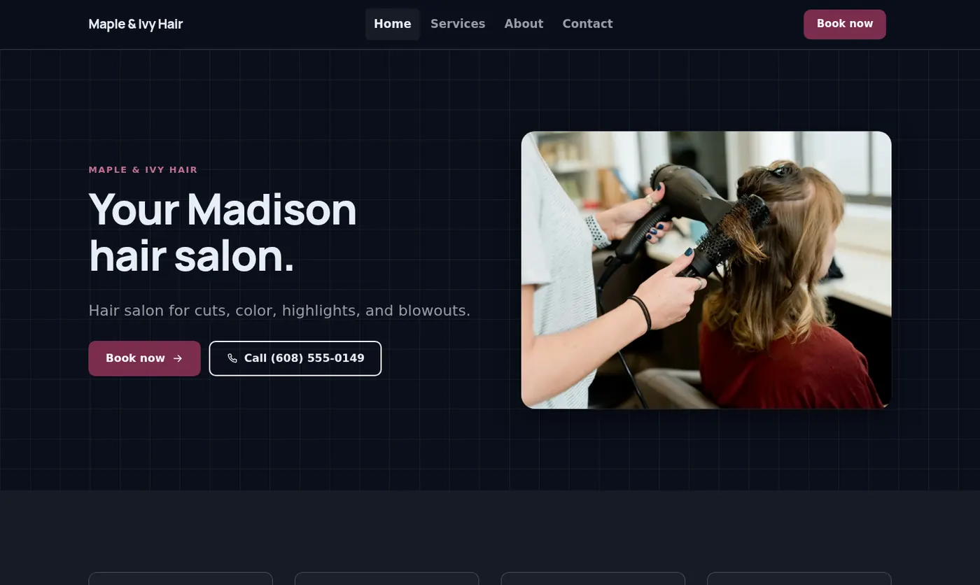 A full website made by the builder for a made-up hair salon, shown on a computer