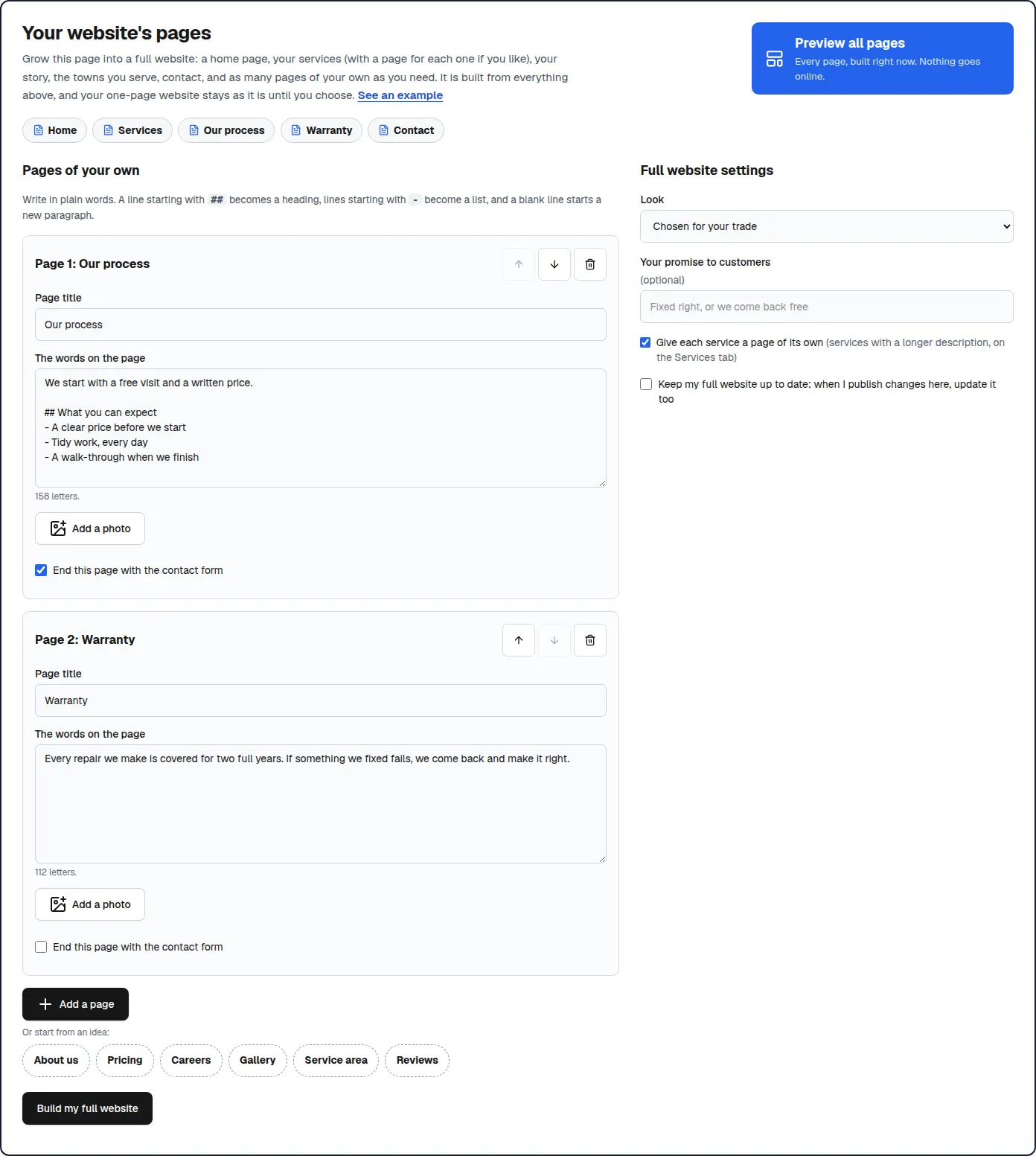The pages builder: a list of the website's pages, pages of the owner's own with words and a photo, and the full website settings