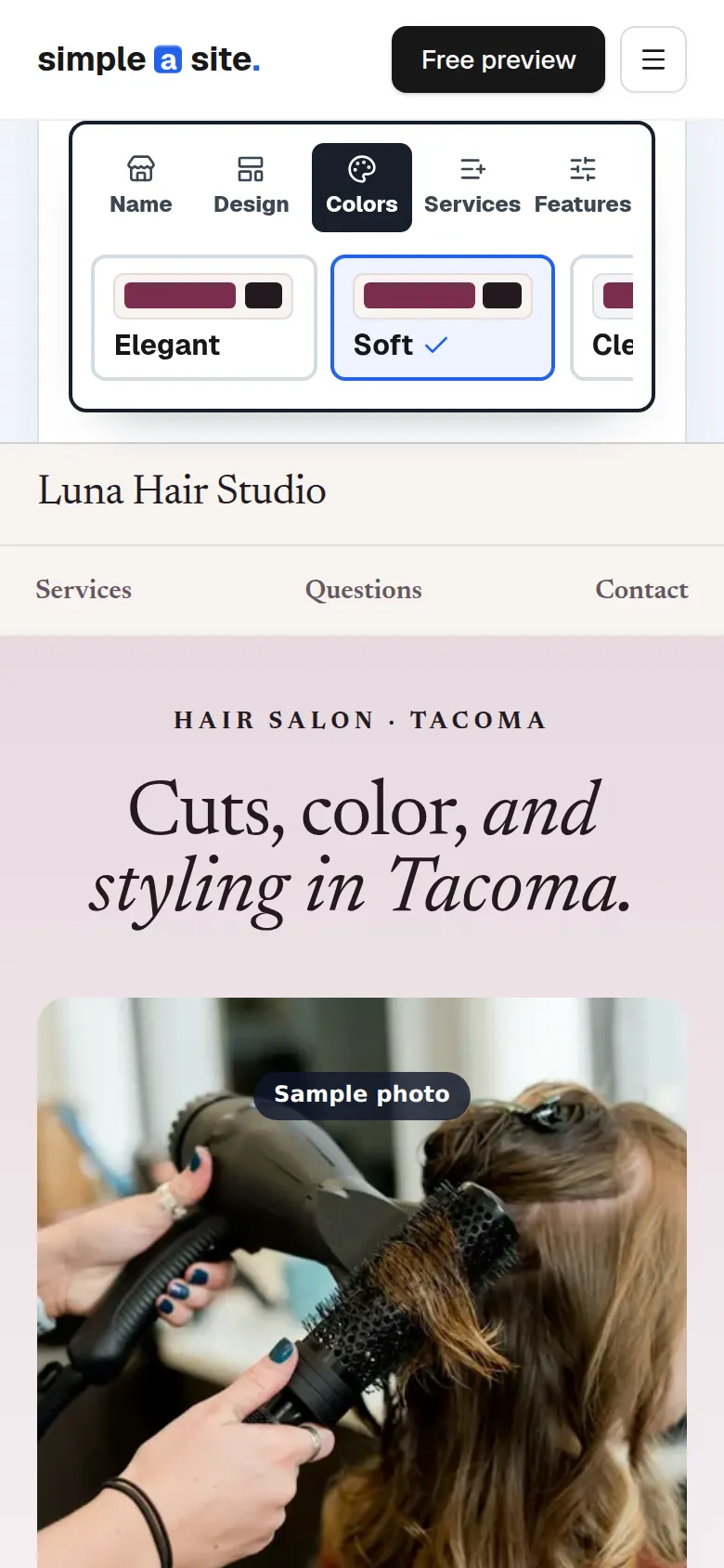 The free preview on a phone: a hair salon's homepage with design, color, services and feature controls above it