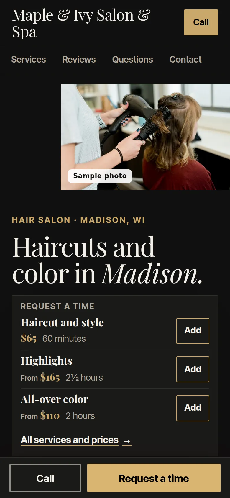 Phone screen of a hair salon website: Book a time, with a haircut, highlights and color, each with its price and length