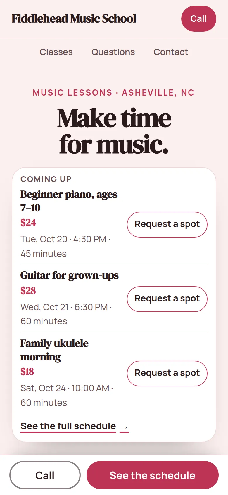 Phone screen of a music school website: upcoming classes with dates, times, prices and spot buttons