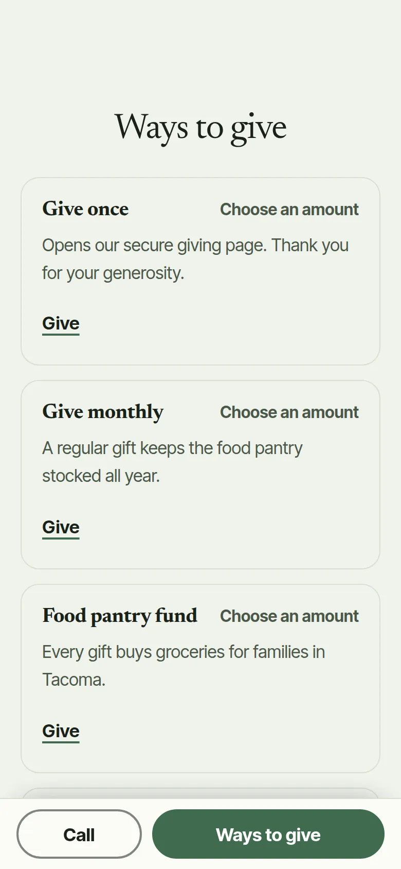 Phone screen of a church website: Ways to give, with Give once, Give monthly and a food pantry fund, each opening a giving page