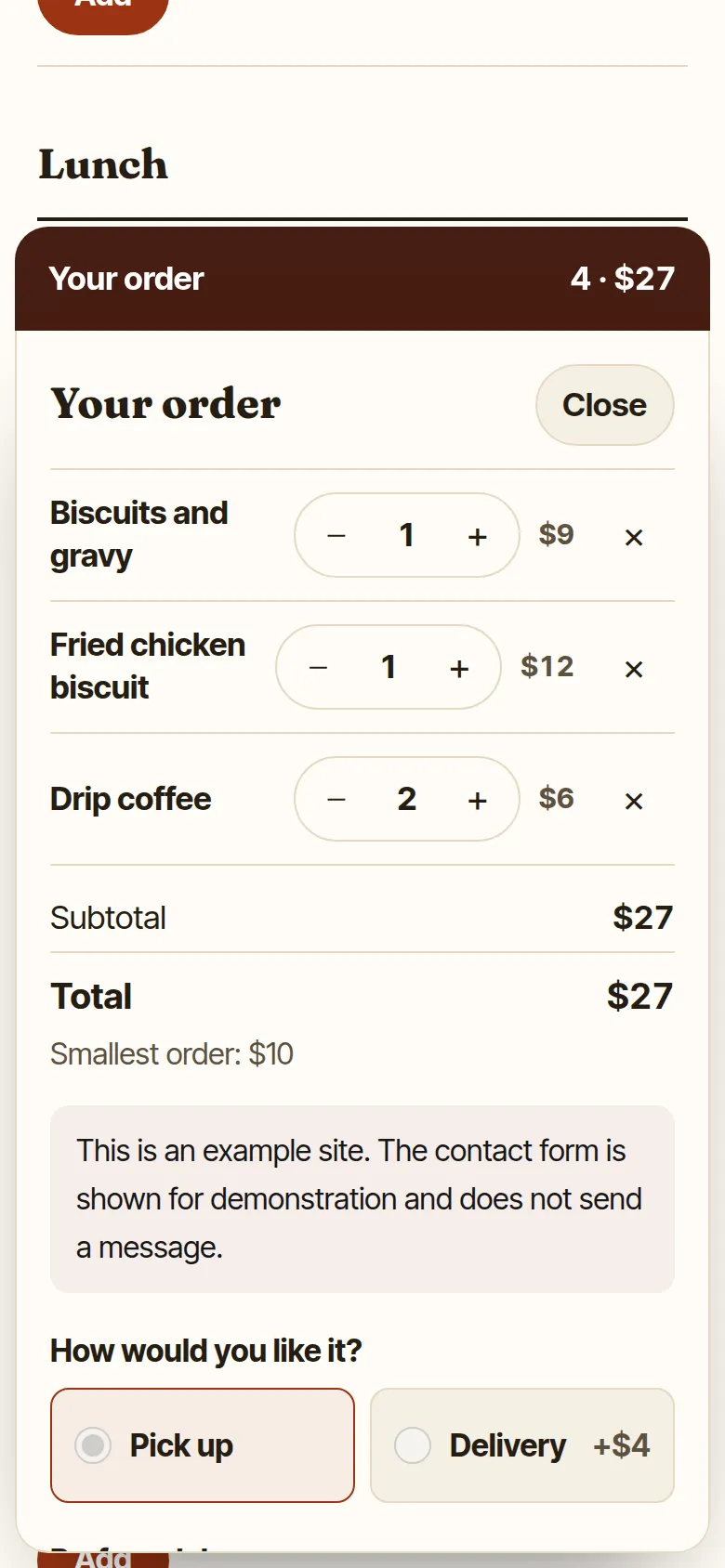 Phone screen of a restaurant website: the order panel with biscuits and gravy, a fried chicken biscuit and two coffees, and the total