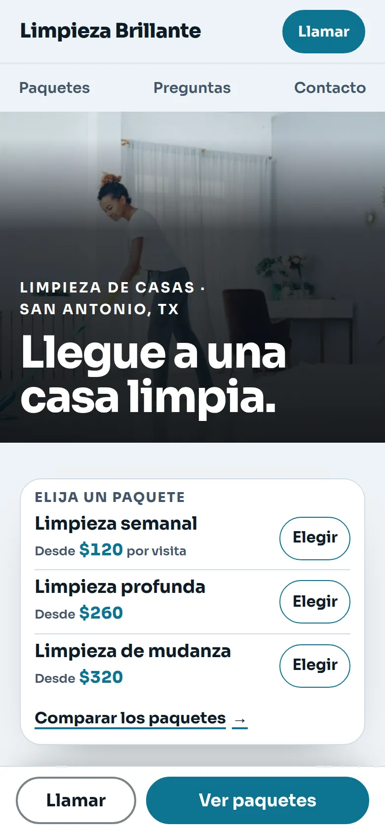 Phone screen of a Spanish-language house cleaning website: Elija un paquete, with three packages and prices