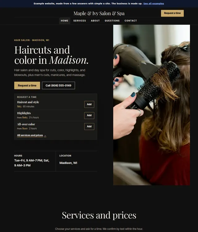 A sample hair salon website