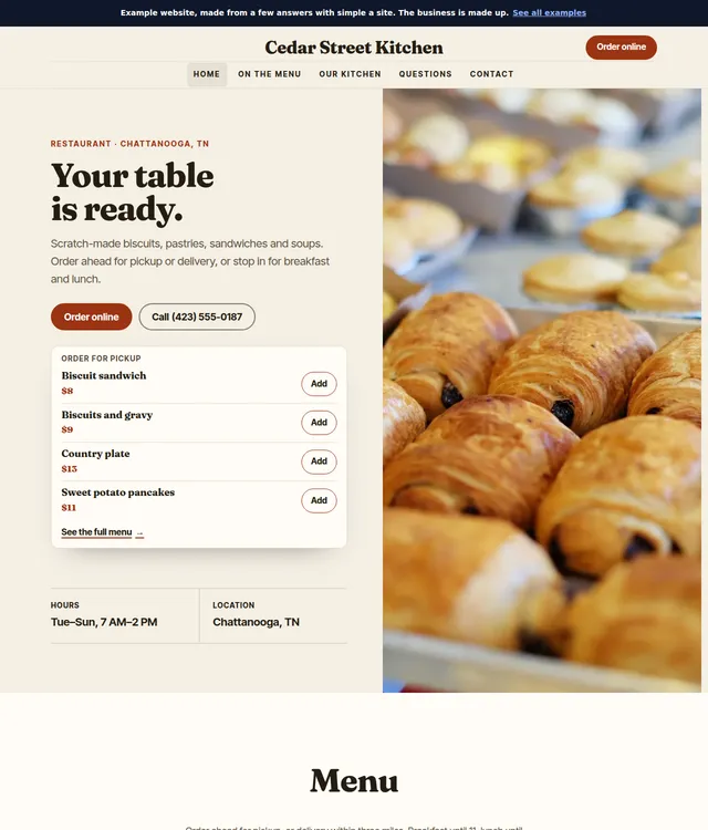 Sample restaurant website on a computer: menu, hours and an order button
