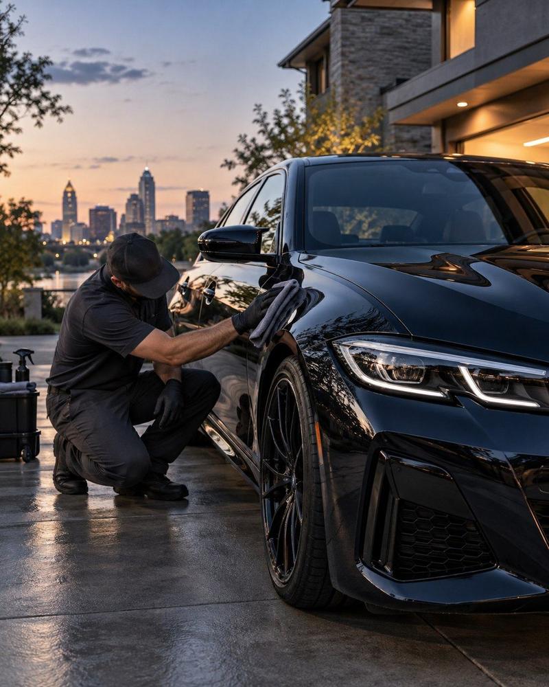 Mobile detailer finishing the reflective paint on a dark sedan