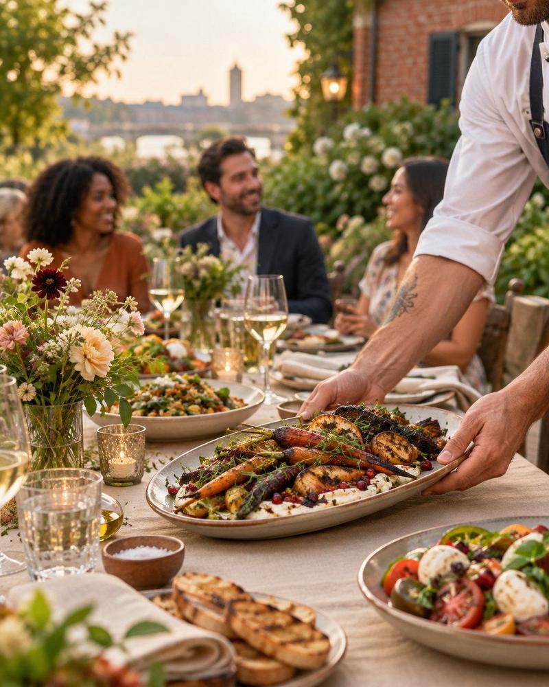 Caterer placing a seasonal shared platter on a garden reception table