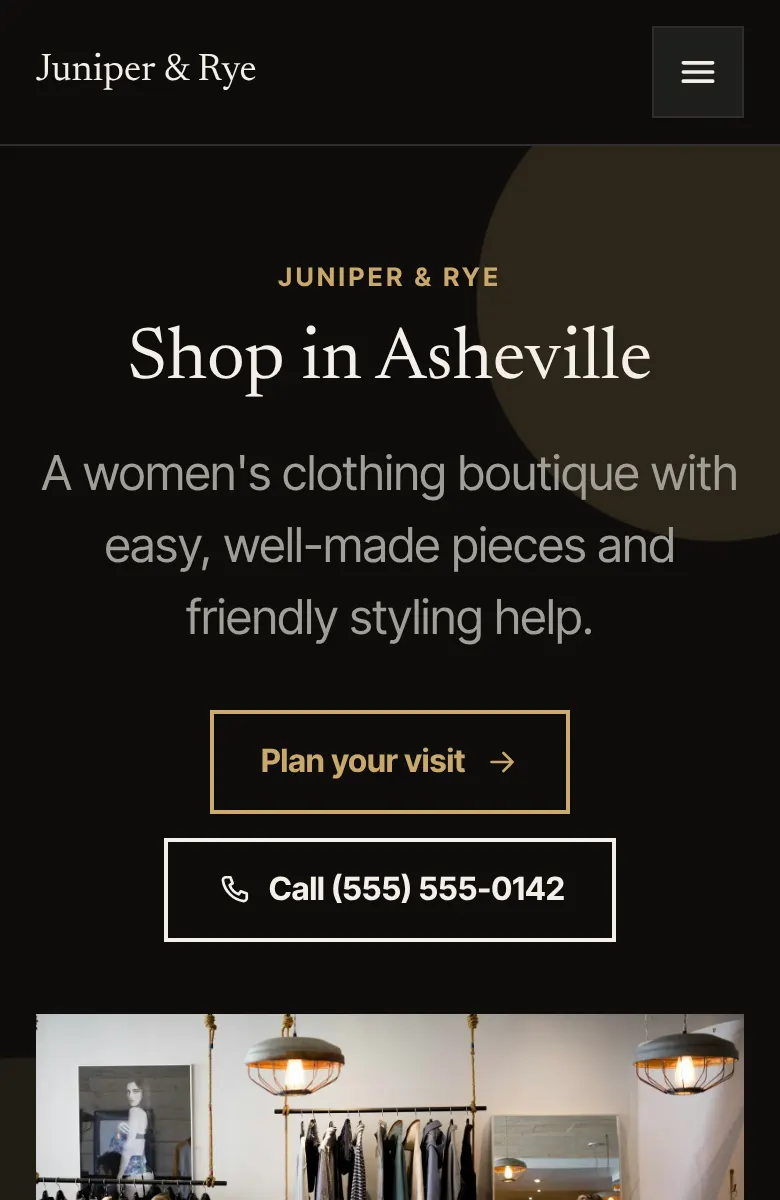Sample clothing boutique website on a phone