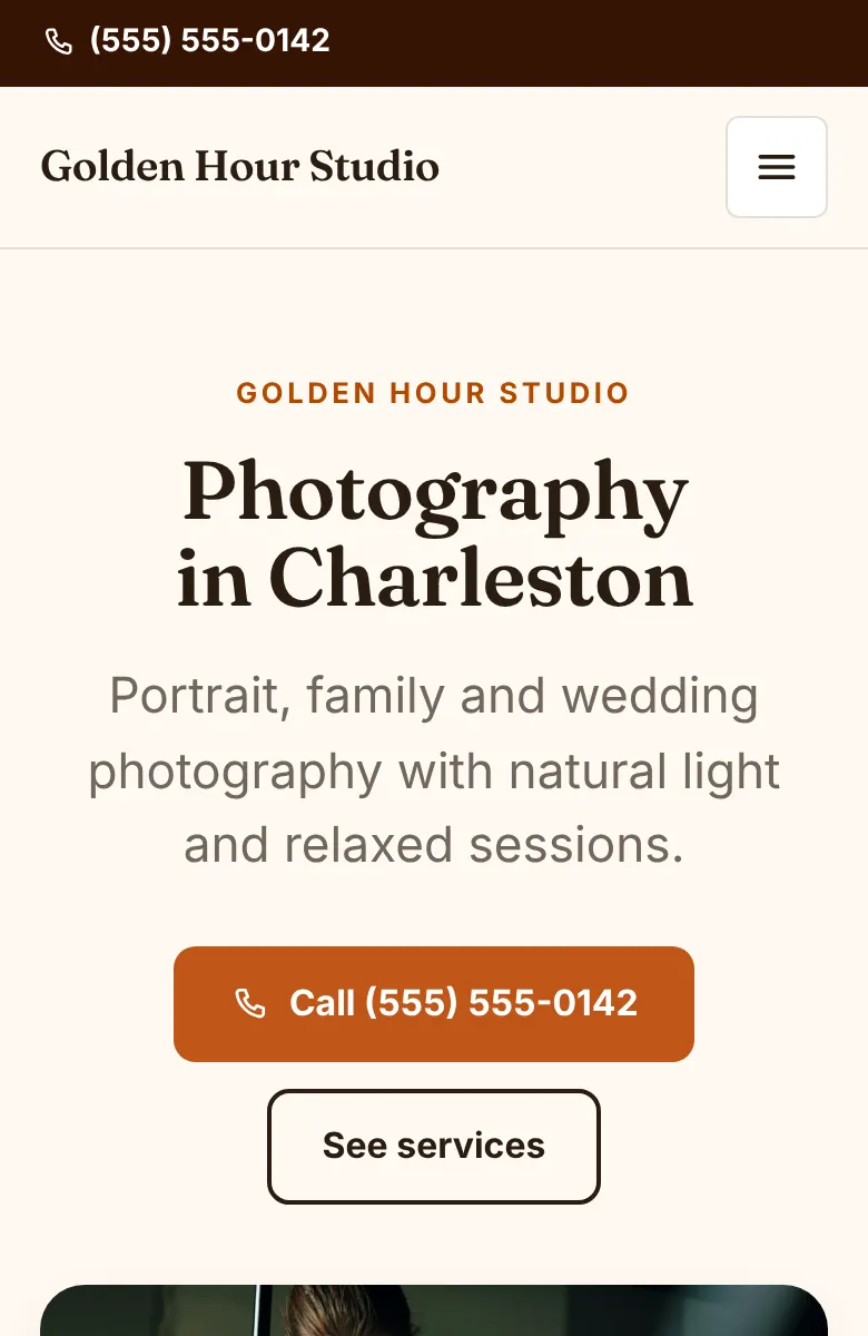 Sample photographer website on a phone