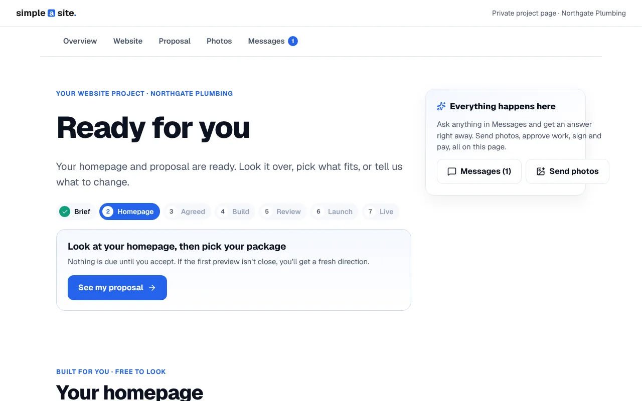 A client's private project page showing their new homepage