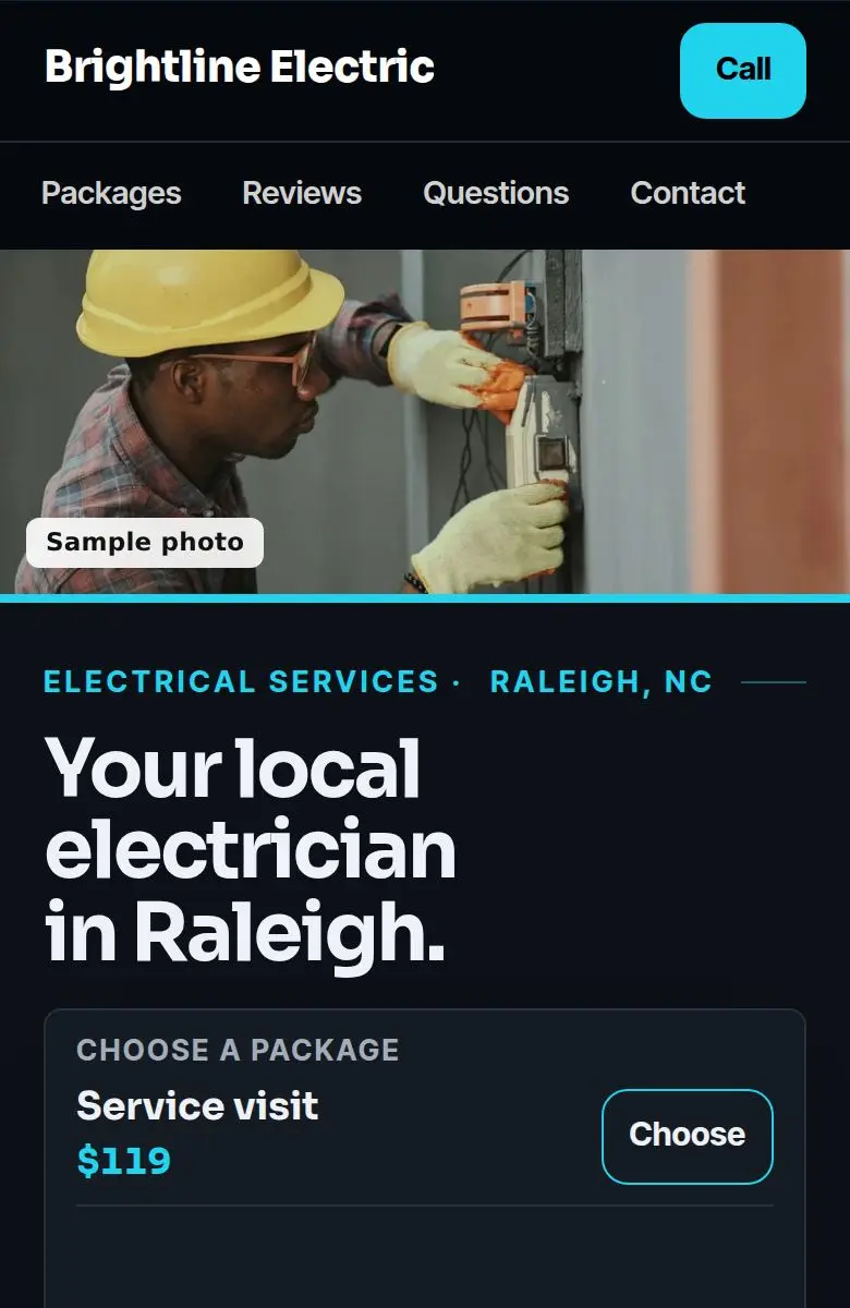 Sample electrician website on a phone