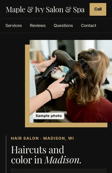 Sample salon website on a phone