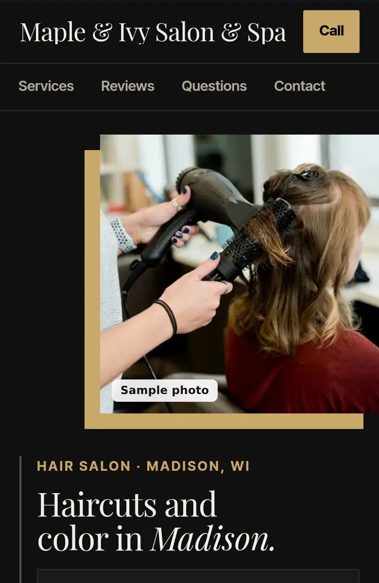 Sample hair salon website on a phone