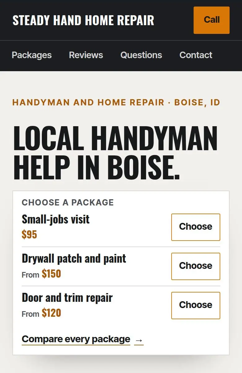 Sample handyman website on a phone