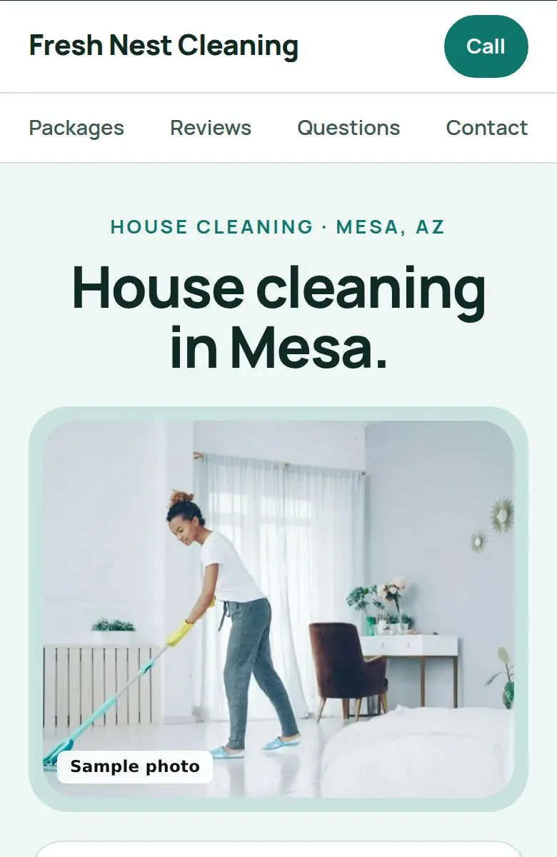 Sample house cleaning website on a phone
