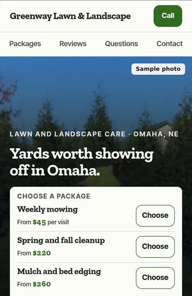 Sample landscaping website on a phone