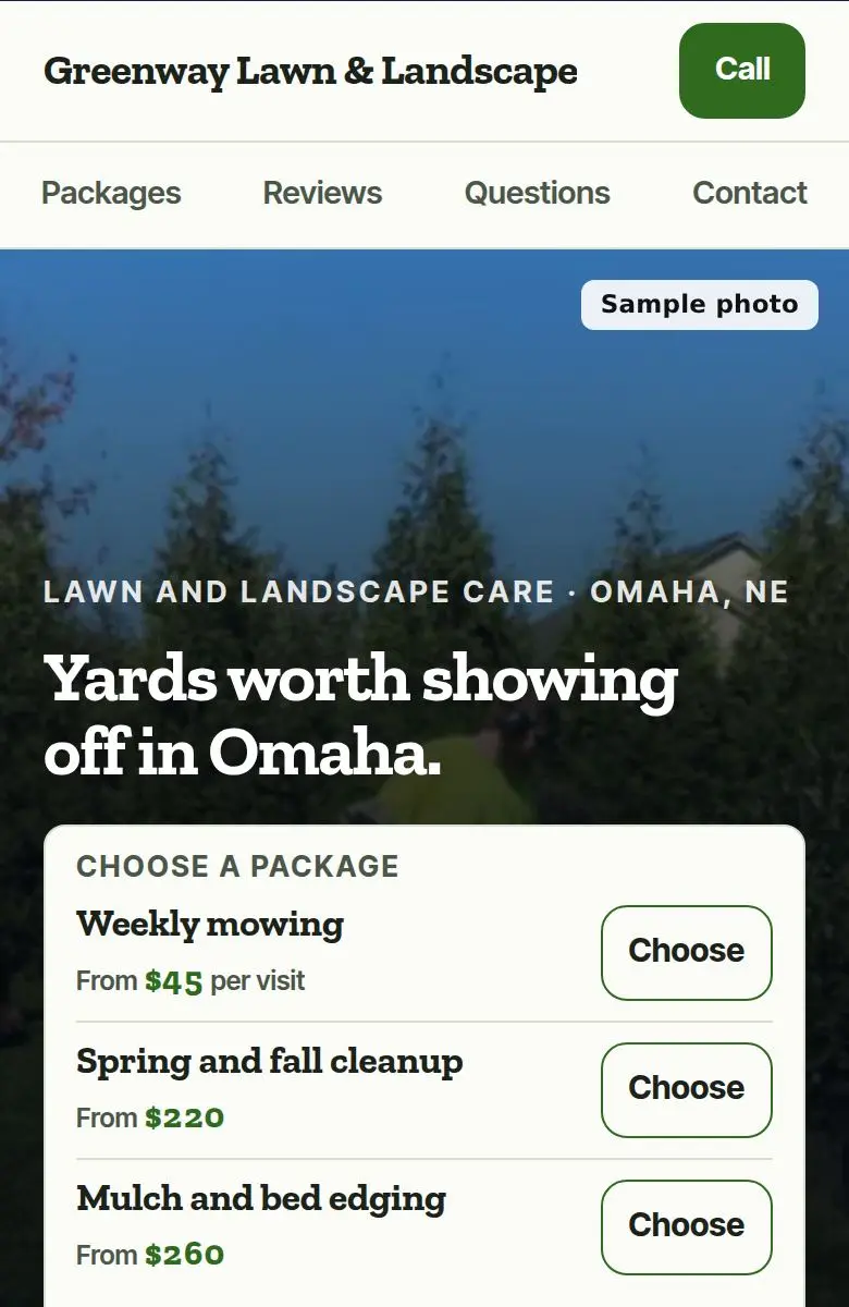 Sample landscaping website on a phone