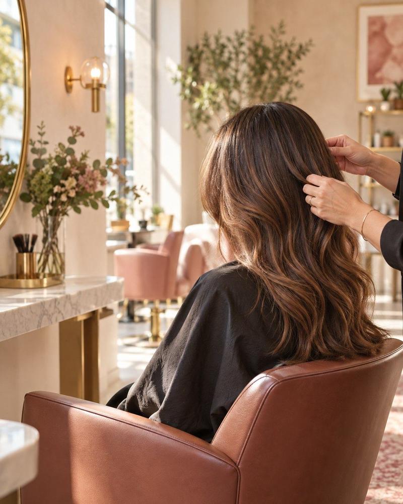Stylist finishing dimensional brunette hair in a warm, modern salon